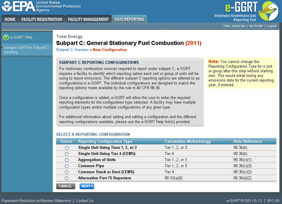 Subpart C: General Stationary Fuel Combustion - Select a Reporting Configuration